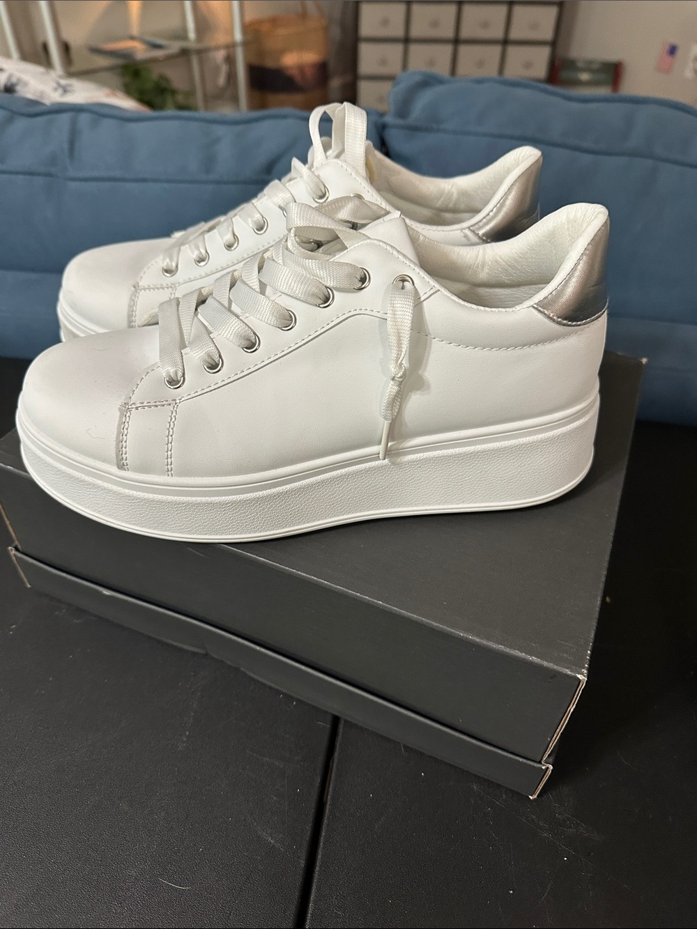 GND Women’s White Platform Sneakers with Silver Heel Accent
